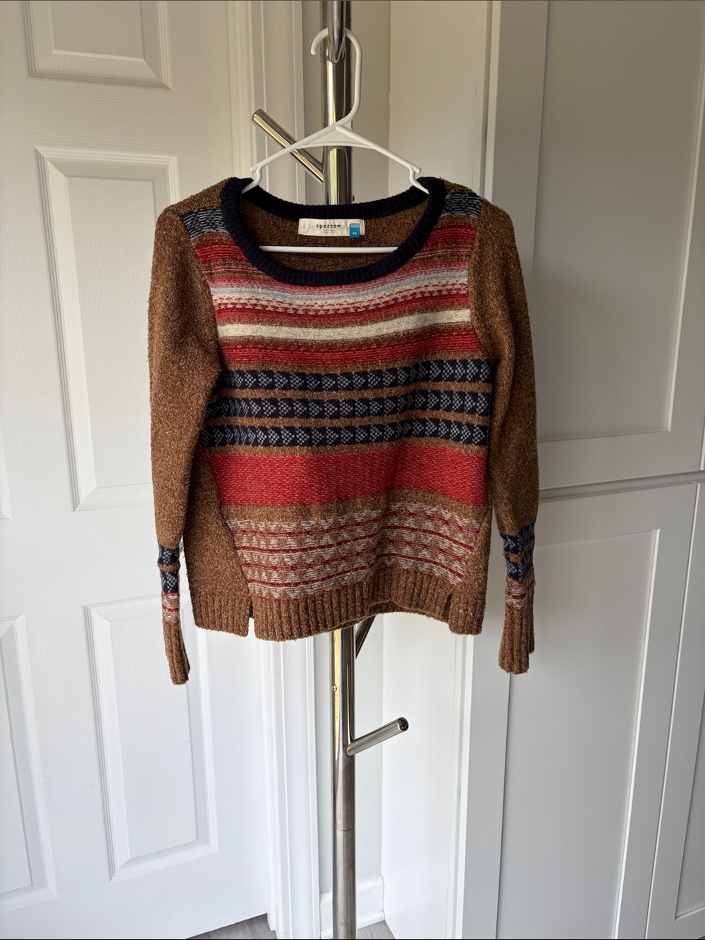 sparrow Brown Multi-Stripe Fair Isle Crewneck Sweater, Size M.